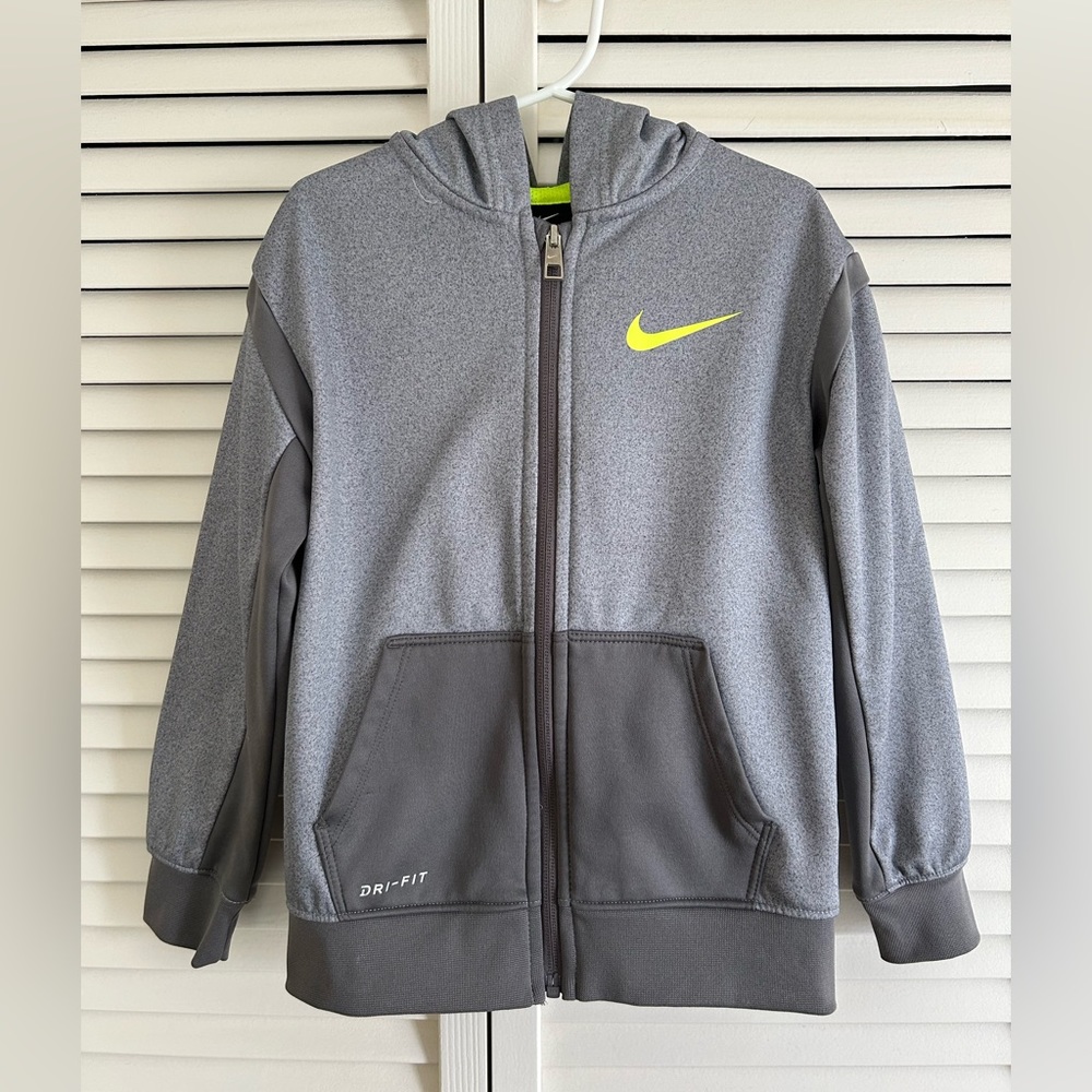 Nike Dri-Fit Boys Hoodie Full Zip Sweatshirt Grey Neon Yellow Youth Size 6/M